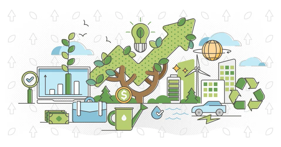 Green business and sustainable energy outline concept vector illustration. Alternative renewable solar or wind electricity strategy for corporate development and growth. Green ecological improvement.